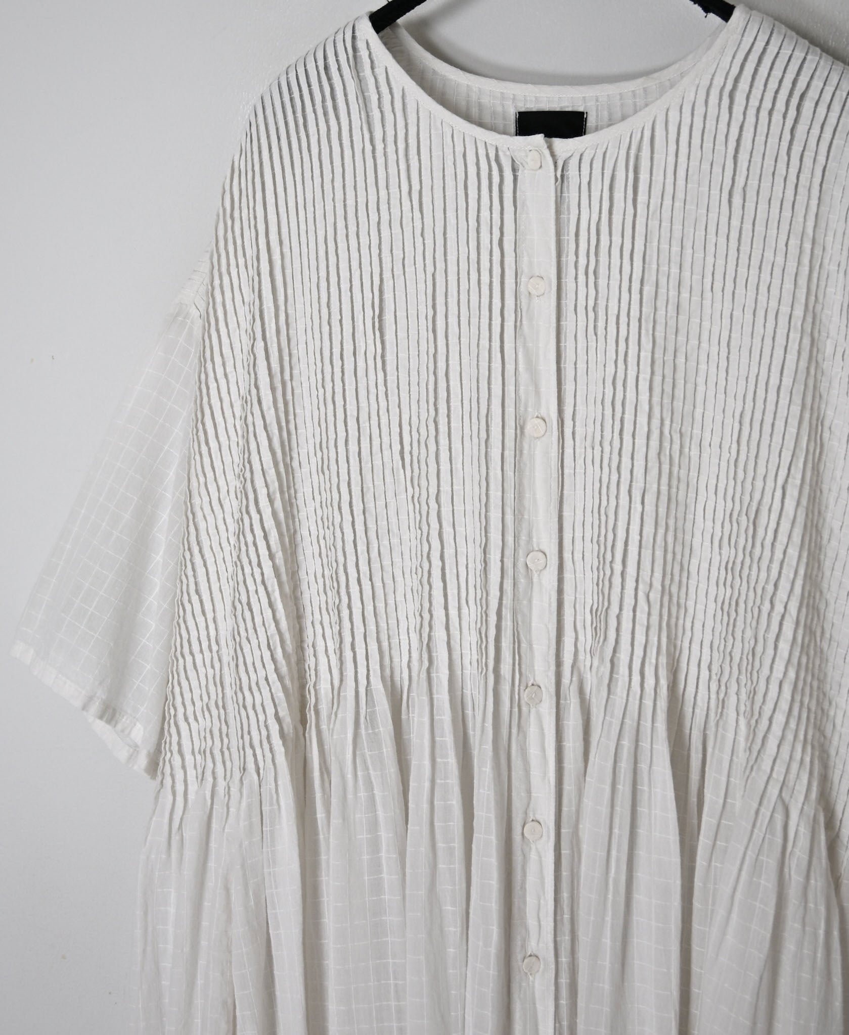 NMDS26504D 80s ORGANIC DOBIE CHECK OVERDYE CREW-NECK BUTTON SHIRT MAXI DRESS WITH PINTUCK