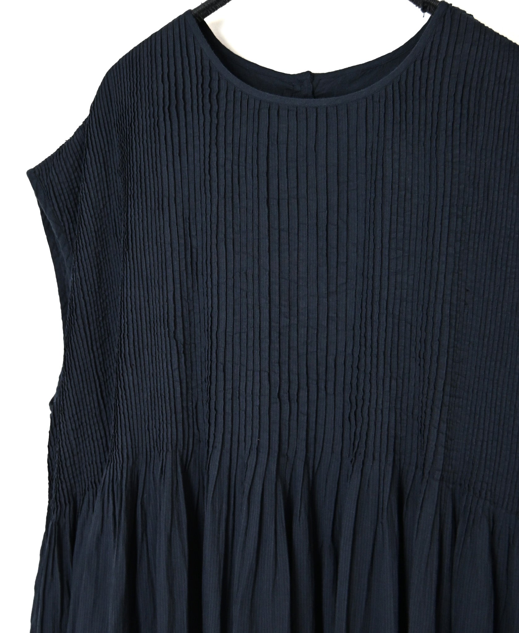 NMDS26513D 80s ORGANIC VOILE STRIPE (OVERDYE) CREW-NECK F/SL DRESS WITH PINTUCK