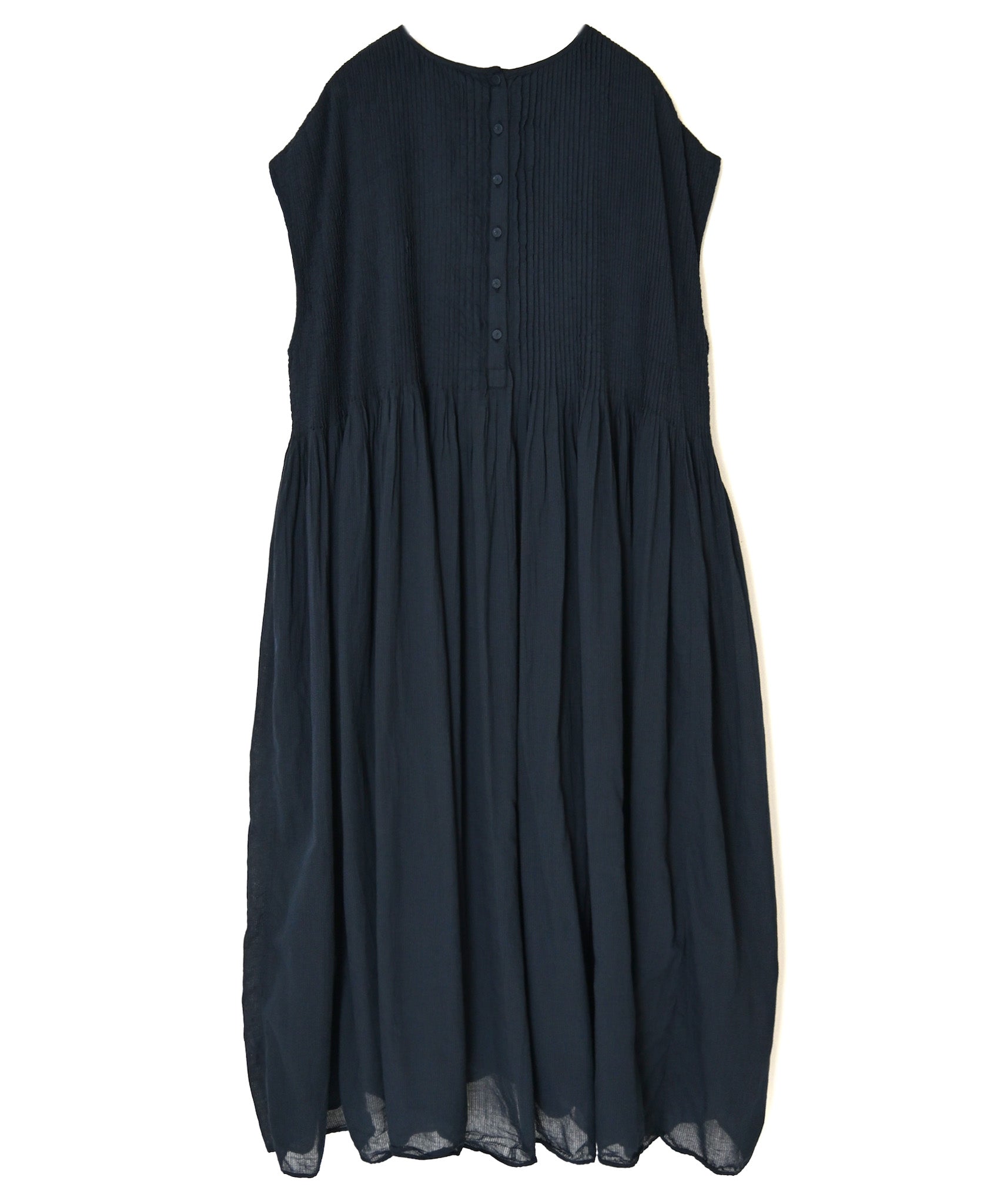 NMDS26513D 80s ORGANIC VOILE STRIPE (OVERDYE) CREW-NECK F/SL DRESS WITH PINTUCK