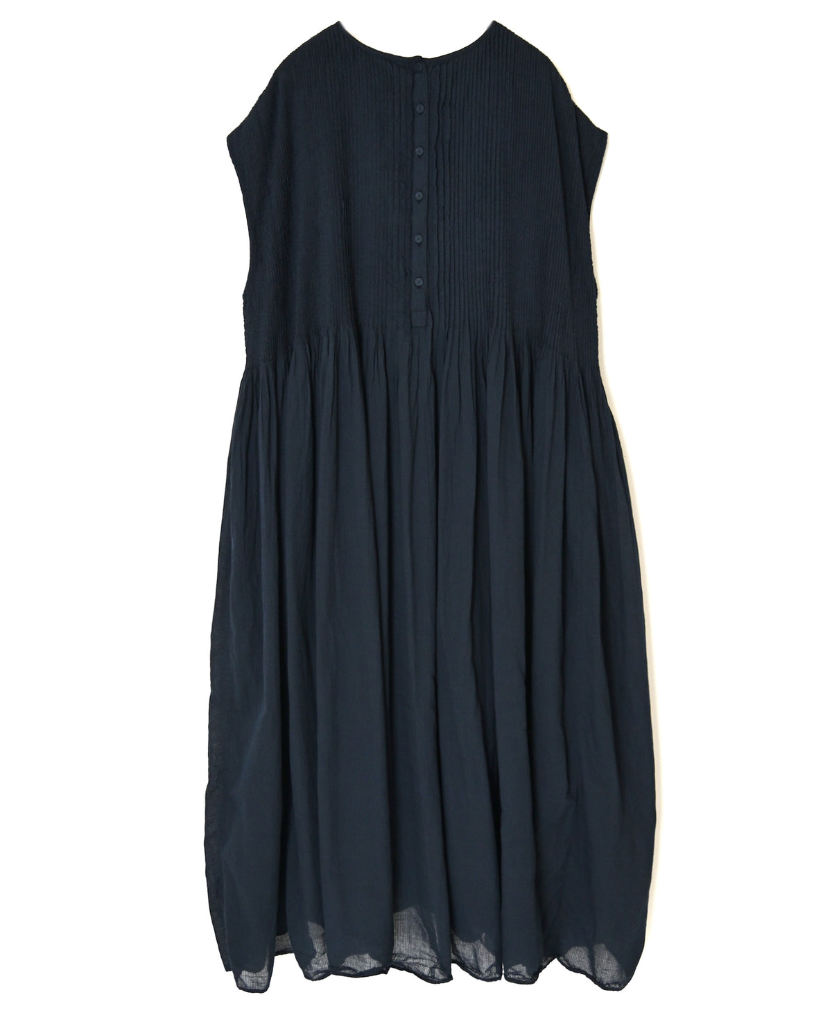 NMDS26513D 80s ORGANIC VOILE STRIPE (OVERDYE) CREW-NECK F/SL DRESS WITH PINTUCK