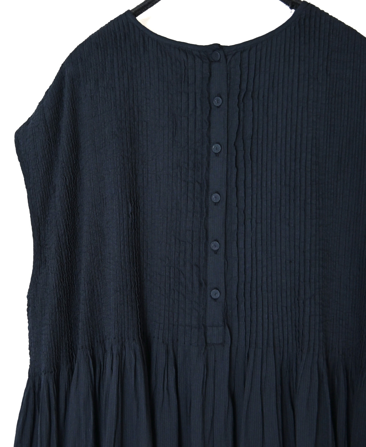 NMDS26513D 80s ORGANIC VOILE STRIPE (OVERDYE) CREW-NECK F/SL DRESS WITH PINTUCK