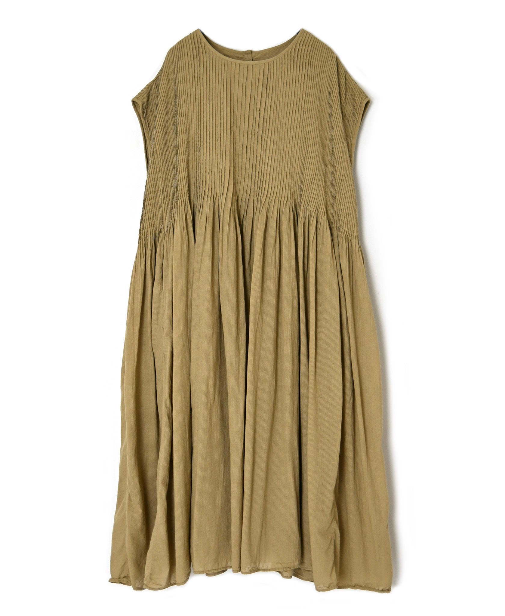 NMDS26513D 80s ORGANIC VOILE STRIPE (OVERDYE) CREW-NECK F/SL DRESS WITH PINTUCK