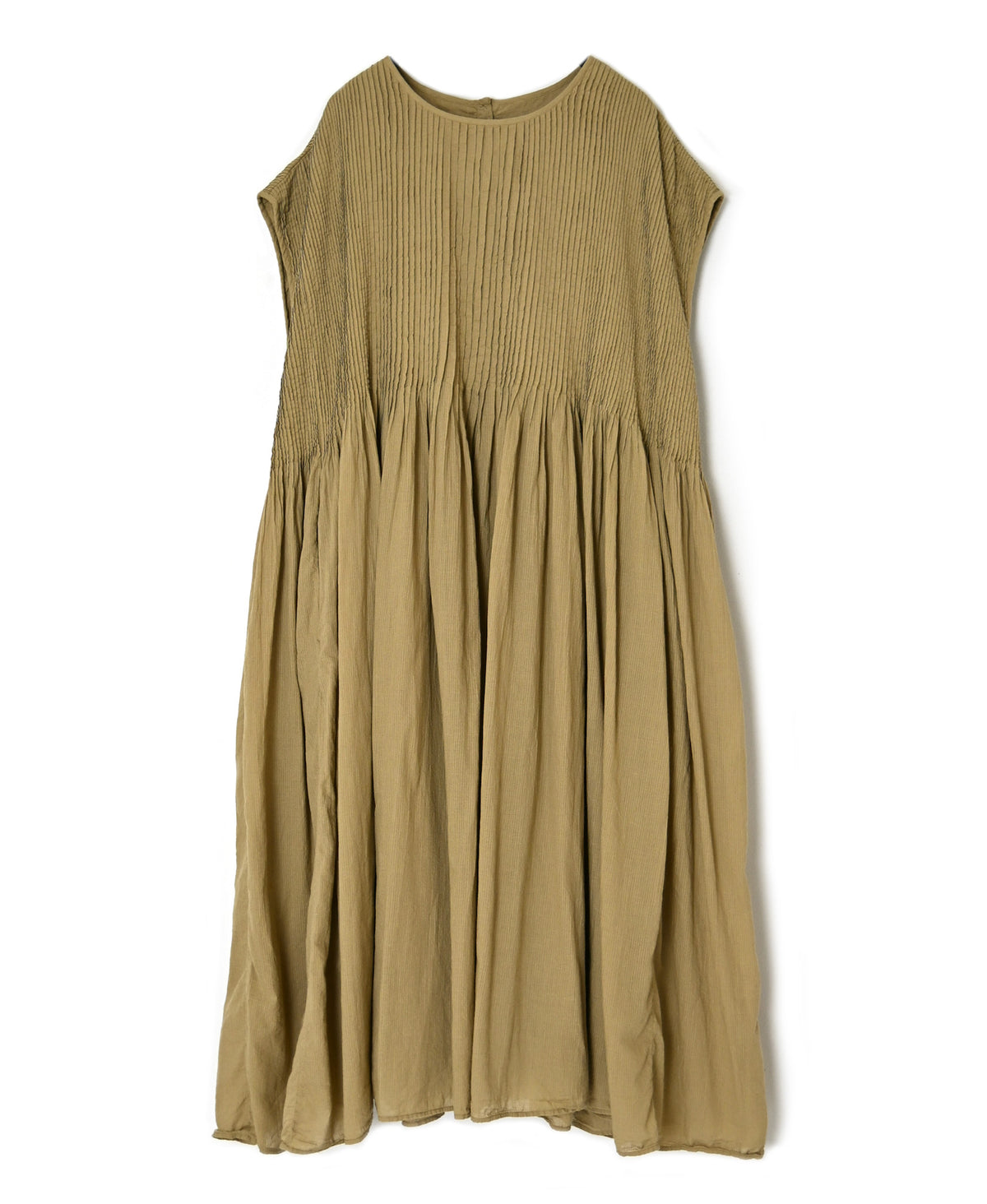 NMDS26513D 80s ORGANIC VOILE STRIPE (OVERDYE) CREW-NECK F/SL DRESS WITH PINTUCK