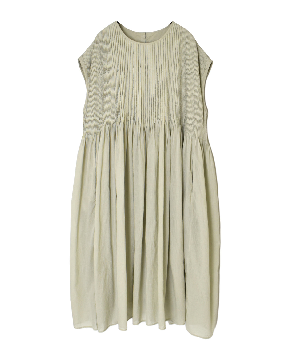 NMDS26513D 80s ORGANIC VOILE STRIPE (OVERDYE) CREW-NECK F/SL DRESS WITH PINTUCK