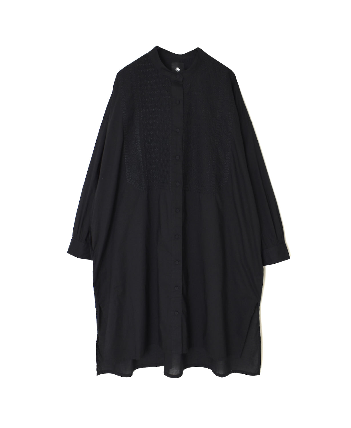 NMDS26524 60s ORGANIC CAMBRIC WITH EMB BANDED COLLAR MAXI SHIRT