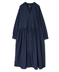 NMDS26534 60s ORGANIC POPLIN PLAIN GATHERED V-NECK DRESS