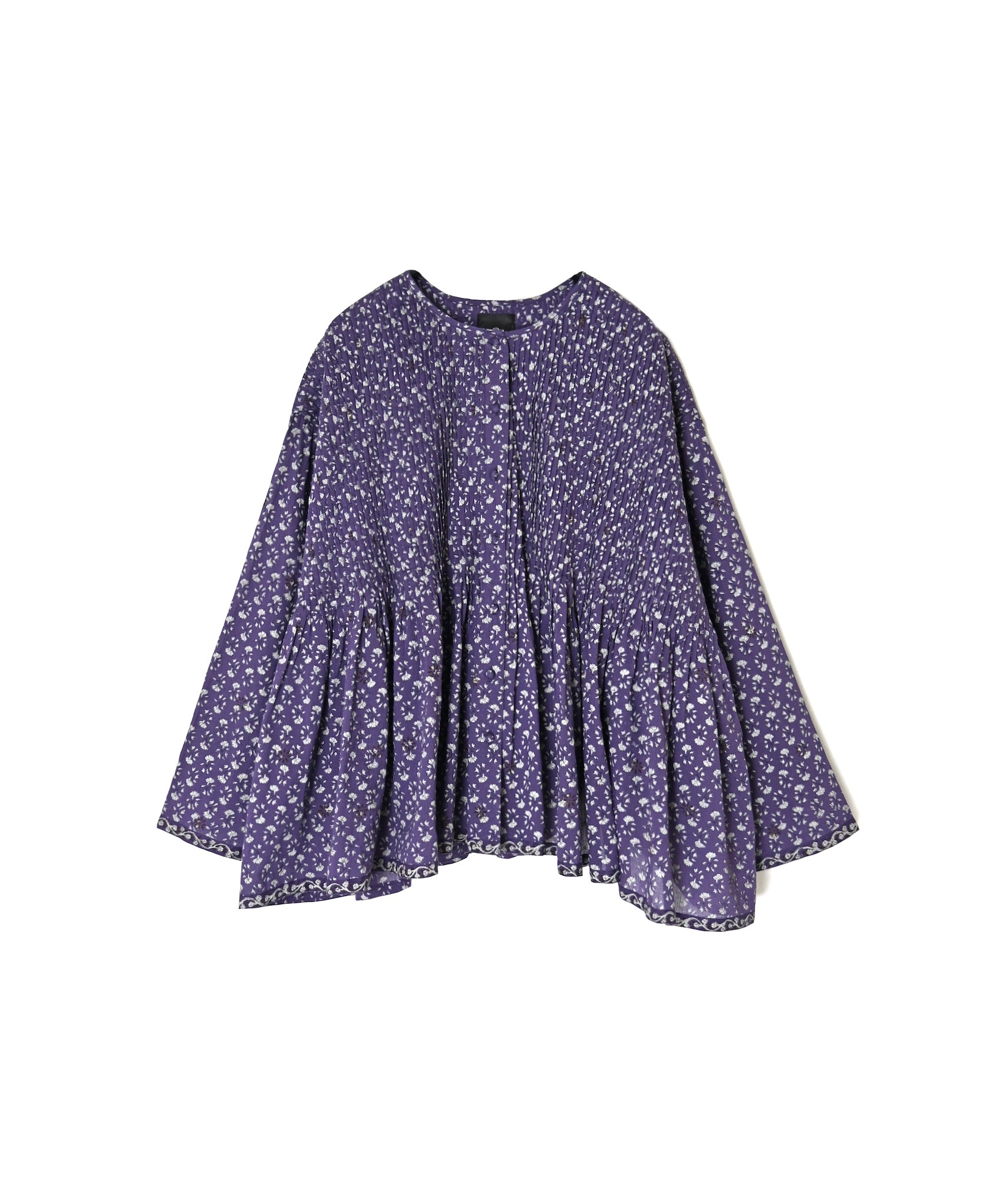 NMDS26542 80s ORGANIC VOILE GENTIANA BLOCK PRINT CREW-NECK BUTTON SHIRT WITH PINTUCK