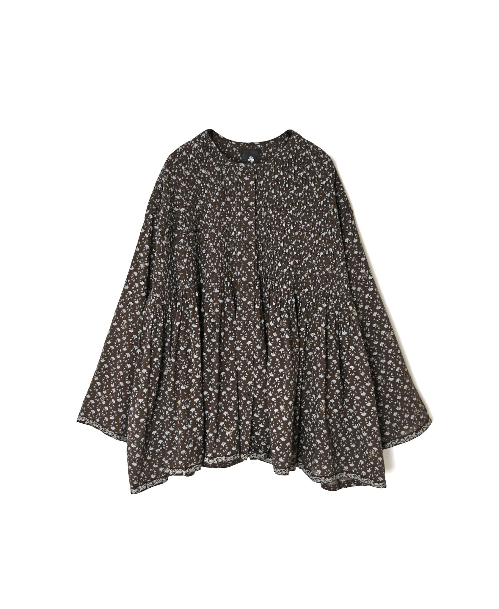 NMDS26542 80s ORGANIC VOILE GENTIANA BLOCK PRINT CREW-NECK BUTTON SHIRT WITH PINTUCK