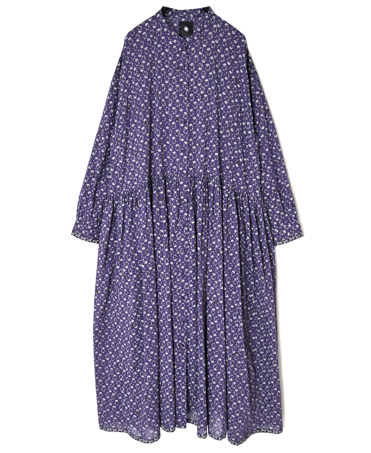 NMDS26544 80s ORGANIC VOILE GENTIANA BLOCK PRINT BANDED COLLAR DRESS WITH RAJASTHAN GATHER