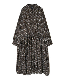 NMDS26544 80s ORGANIC VOILE GENTIANA BLOCK PRINT BANDED COLLAR DRESS WITH RAJASTHAN GATHER