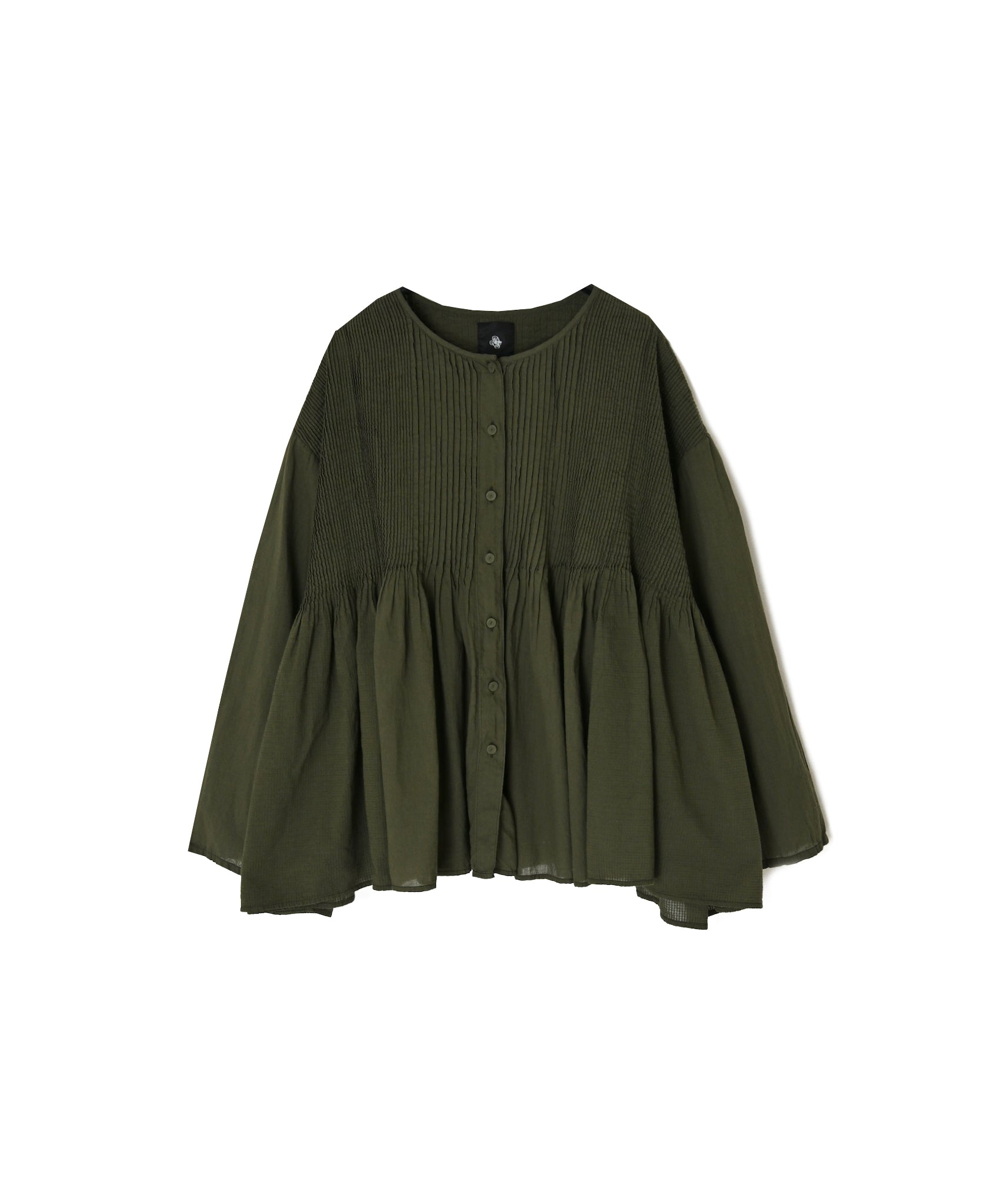 NMDS26603D ORGANIC MICRO CHK&VOILE PLAIN PATCHWORK OVERDYE CREW-NECK BUTTON SHIRT WITH PINTUCK