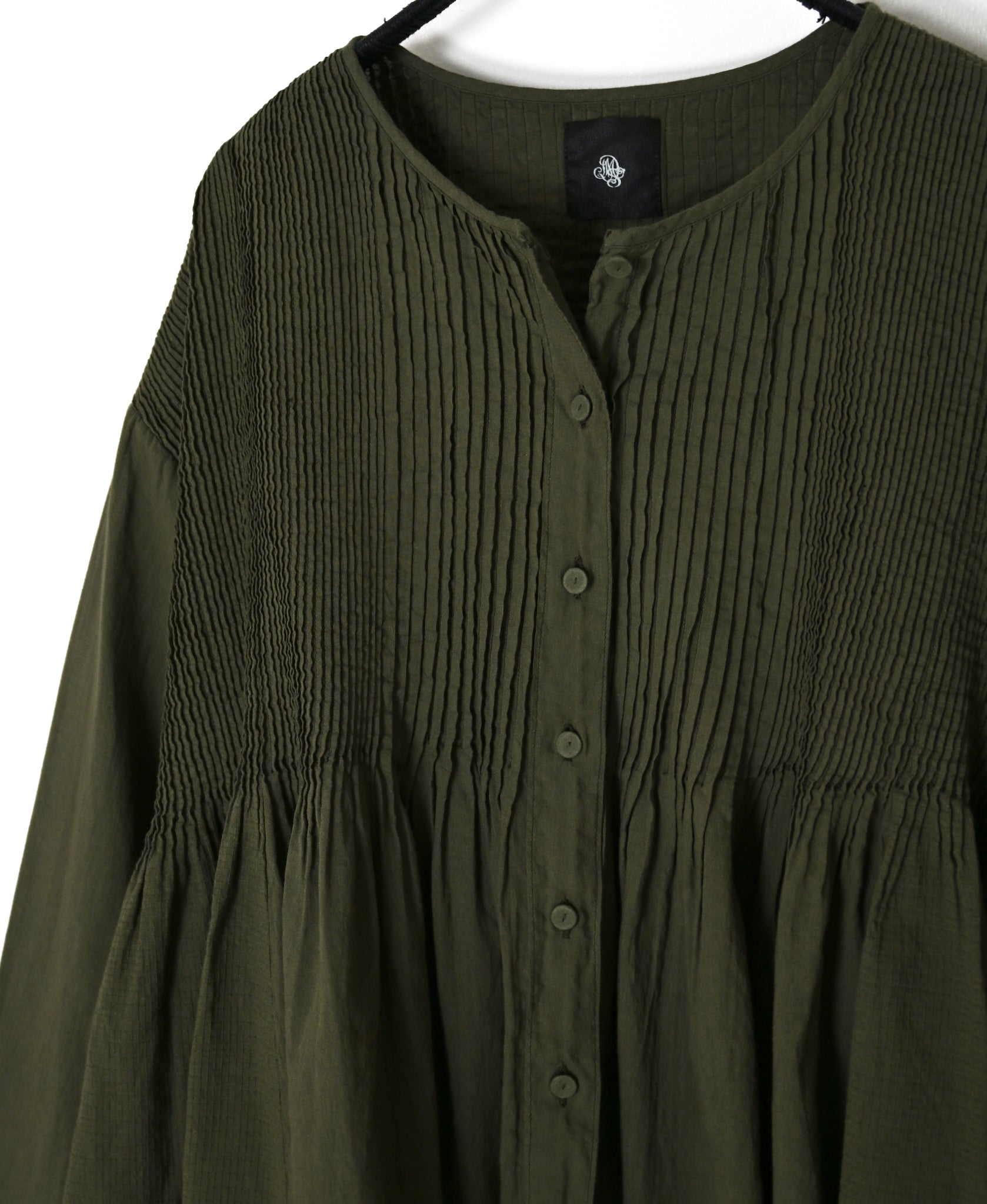 NMDS26603D ORGANIC MICRO CHK&VOILE PLAIN PATCHWORK OVERDYE CREW-NECK BUTTON SHIRT WITH PINTUCK