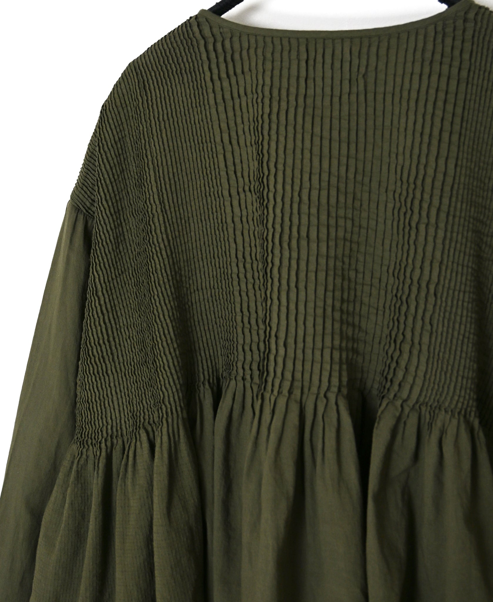 NMDS26603D ORGANIC MICRO CHK&VOILE PLAIN PATCHWORK OVERDYE CREW-NECK BUTTON SHIRT WITH PINTUCK