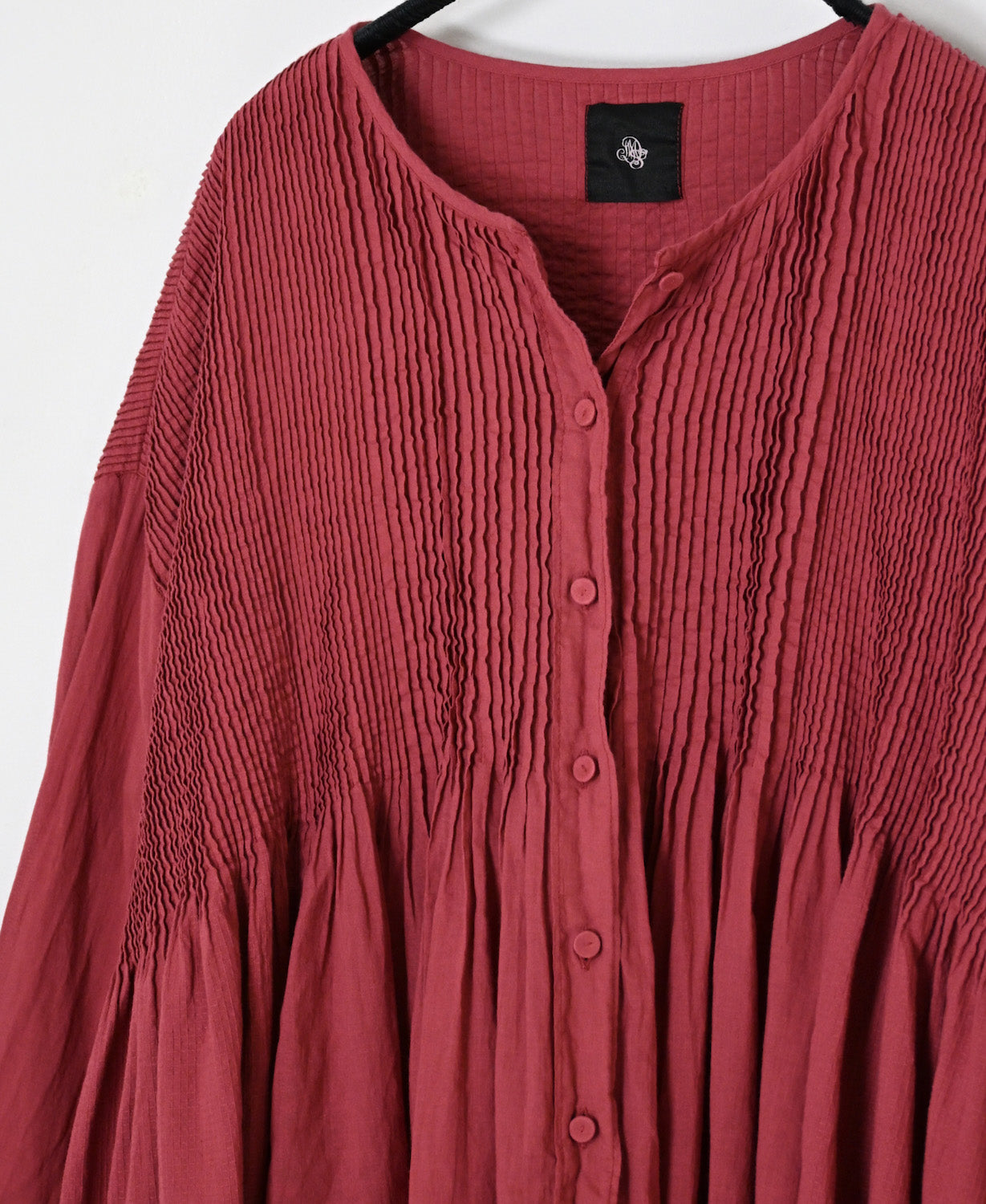NMDS26603D ORGANIC MICRO CHK&VOILE PLAIN PATCHWORK OVERDYE CREW-NECK BUTTON SHIRT WITH PINTUCK