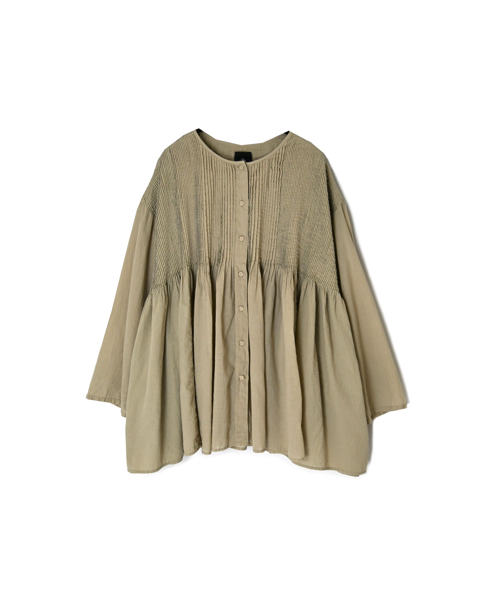 NMDS26603D ORGANIC MICRO CHK&VOILE PLAIN PATCHWORK OVERDYE CREW-NECK BUTTON SHIRT WITH PINTUCK