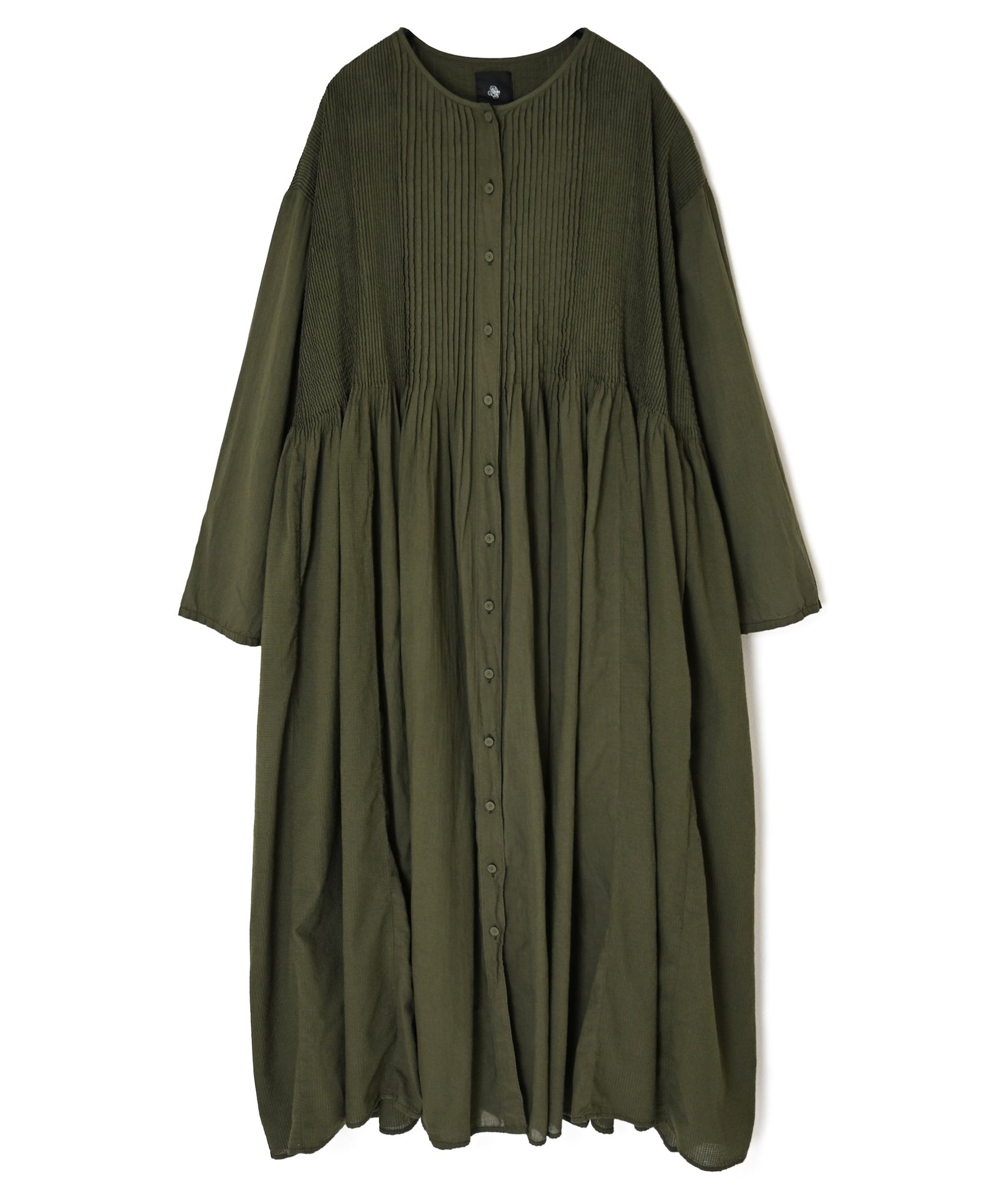 NMDS26604D ORGANIC MICRO CHK&VOILE PLAIN PATCHWORK OVERDYE CREW-NECK BUTTON SHIRT MAXI DRESS WITH PINTUCK