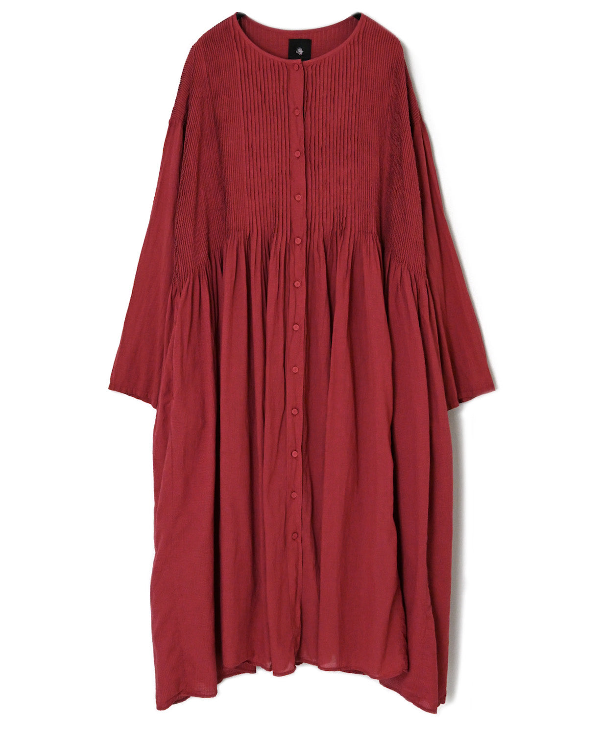 NMDS26604D ORGANIC MICRO CHK&VOILE PLAIN PATCHWORK OVERDYE CREW-NECK BUTTON SHIRT MAXI DRESS WITH PINTUCK