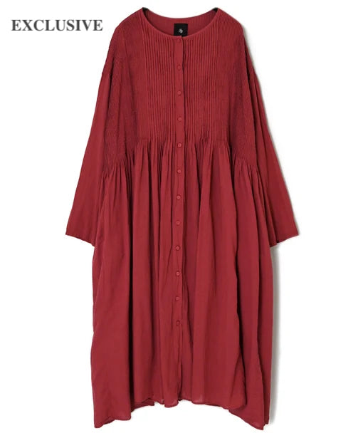 NMDS26604D ORGANIC MICRO CHECK&VOILE PLAIN PATCHWORK OVERDYE CREW-NECK BUTTON SHIRT MAXI DRESS WITH PINTUCK