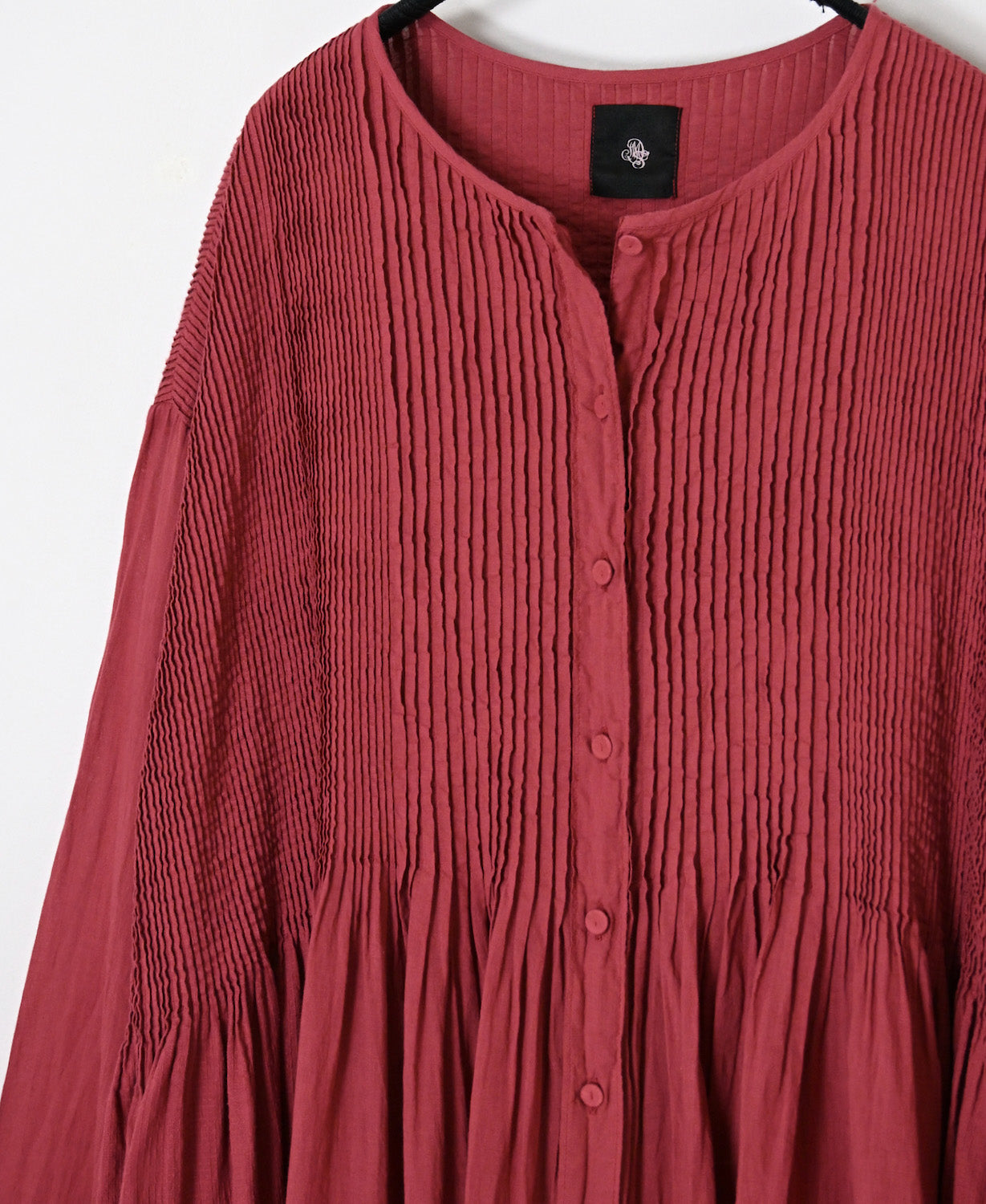 NMDS26604D ORGANIC MICRO CHK&VOILE PLAIN PATCHWORK OVERDYE CREW-NECK BUTTON SHIRT MAXI DRESS WITH PINTUCK