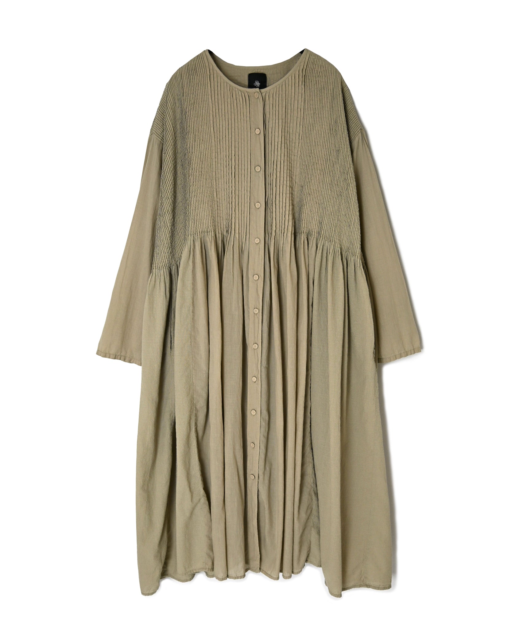 NMDS26604D ORGANIC MICRO CHK&VOILE PLAIN PATCHWORK OVERDYE CREW-NECK BUTTON SHIRT MAXI DRESS WITH PINTUCK