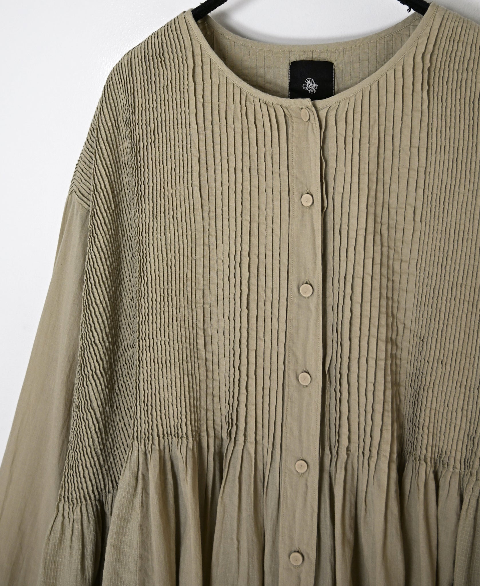 NMDS26604D ORGANIC MICRO CHK&VOILE PLAIN PATCHWORK OVERDYE CREW-NECK BUTTON SHIRT MAXI DRESS WITH PINTUCK
