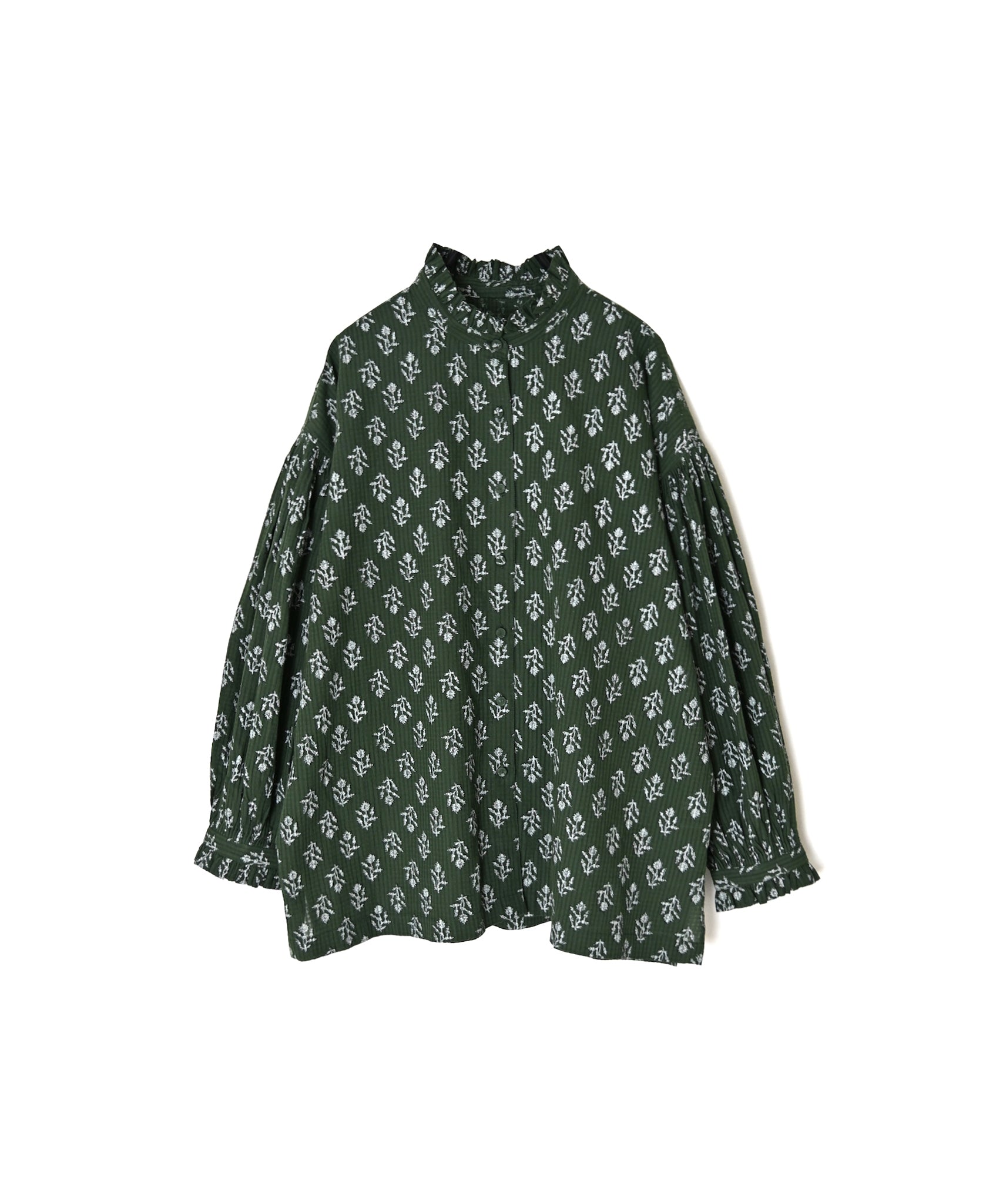NMDS26611 ORGANIC SMALL CHECK MEDIUM FLOWER BL PRINT FRILL COLLAR SHIRT WITH MINI PINTUCK