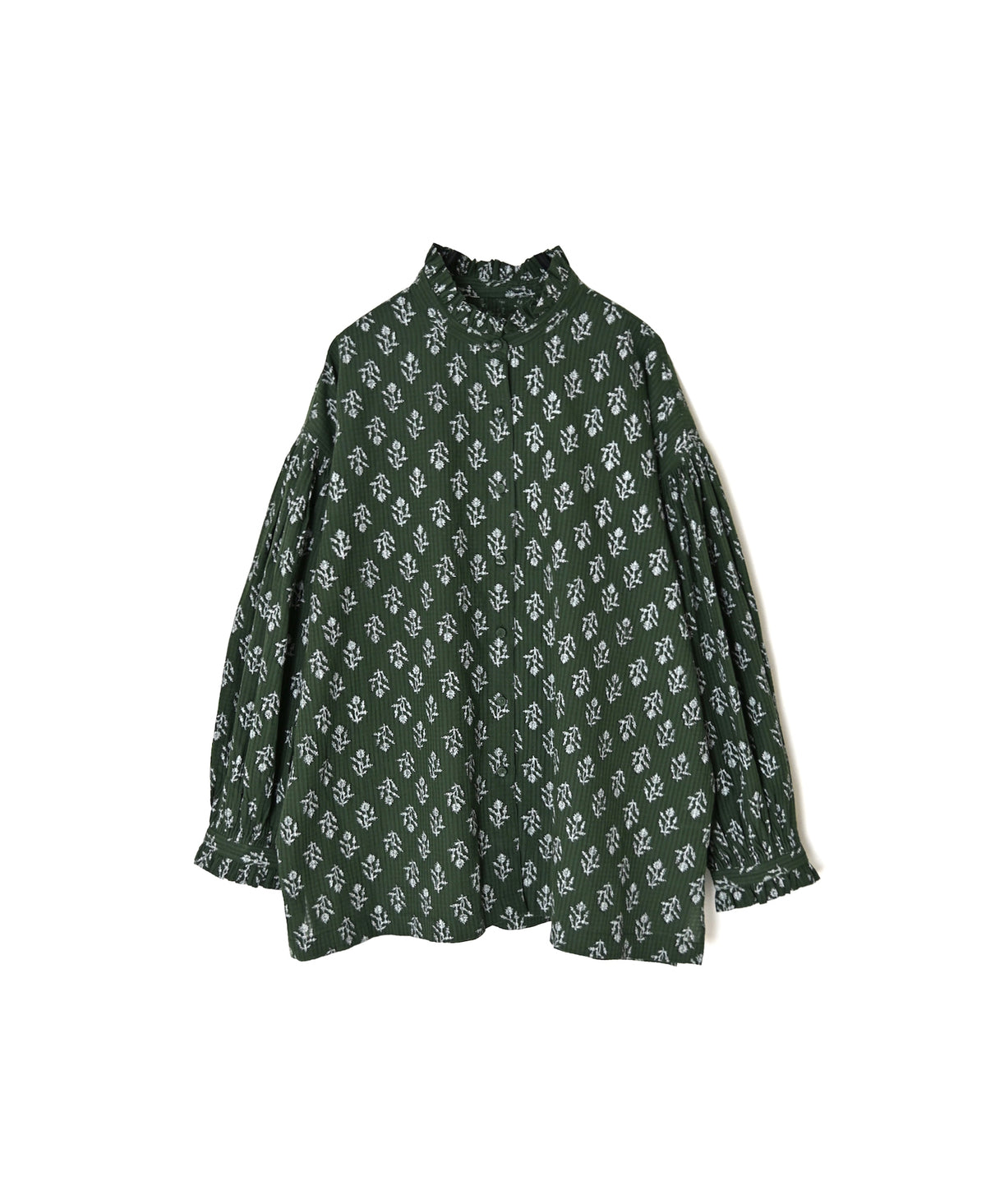 NMDS26611 ORGANIC SMALL CHECK MEDIUM FLOWER BL PRINT FRILL COLLAR SHIRT WITH MINI PINTUCK