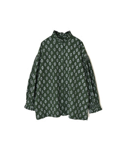 NMDS26611 ORGANIC SMALL CHECK MEDIUM FLOWER BL PRINT FRILL COLLAR SHIRT WITH MINI PINTUCK
