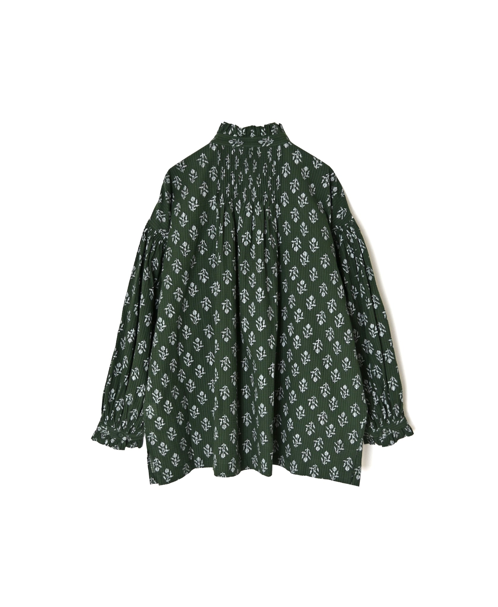 NMDS26611 ORGANIC SMALL CHECK MEDIUM FLOWER BL PRINT FRILL COLLAR SHIRT WITH MINI PINTUCK