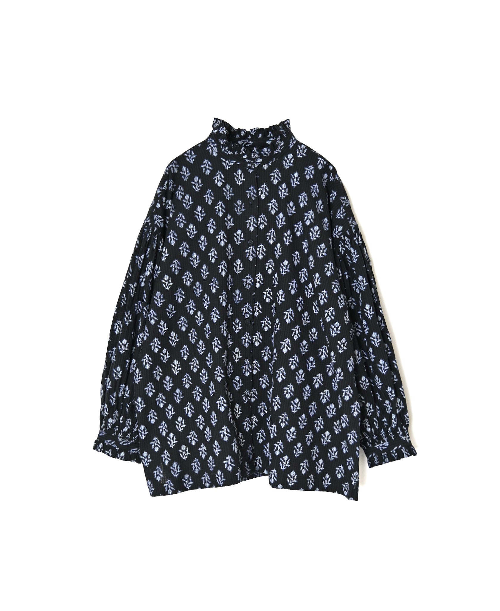 NMDS26611 ORGANIC SMALL CHECK MEDIUM FLOWER BL PRINT FRILL COLLAR SHIRT WITH MINI PINTUCK