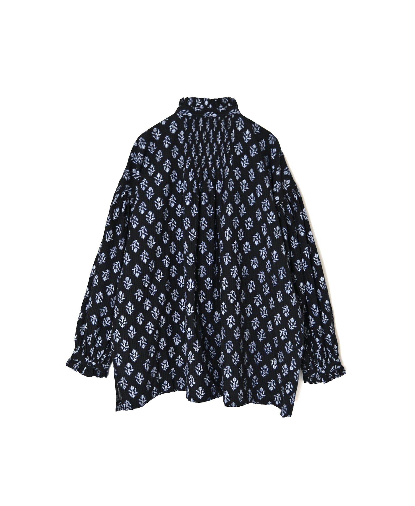 NMDS26611 ORGANIC SMALL CHECK MEDIUM FLOWER BL PRINT FRILL COLLAR SHIRT WITH MINI PINTUCK