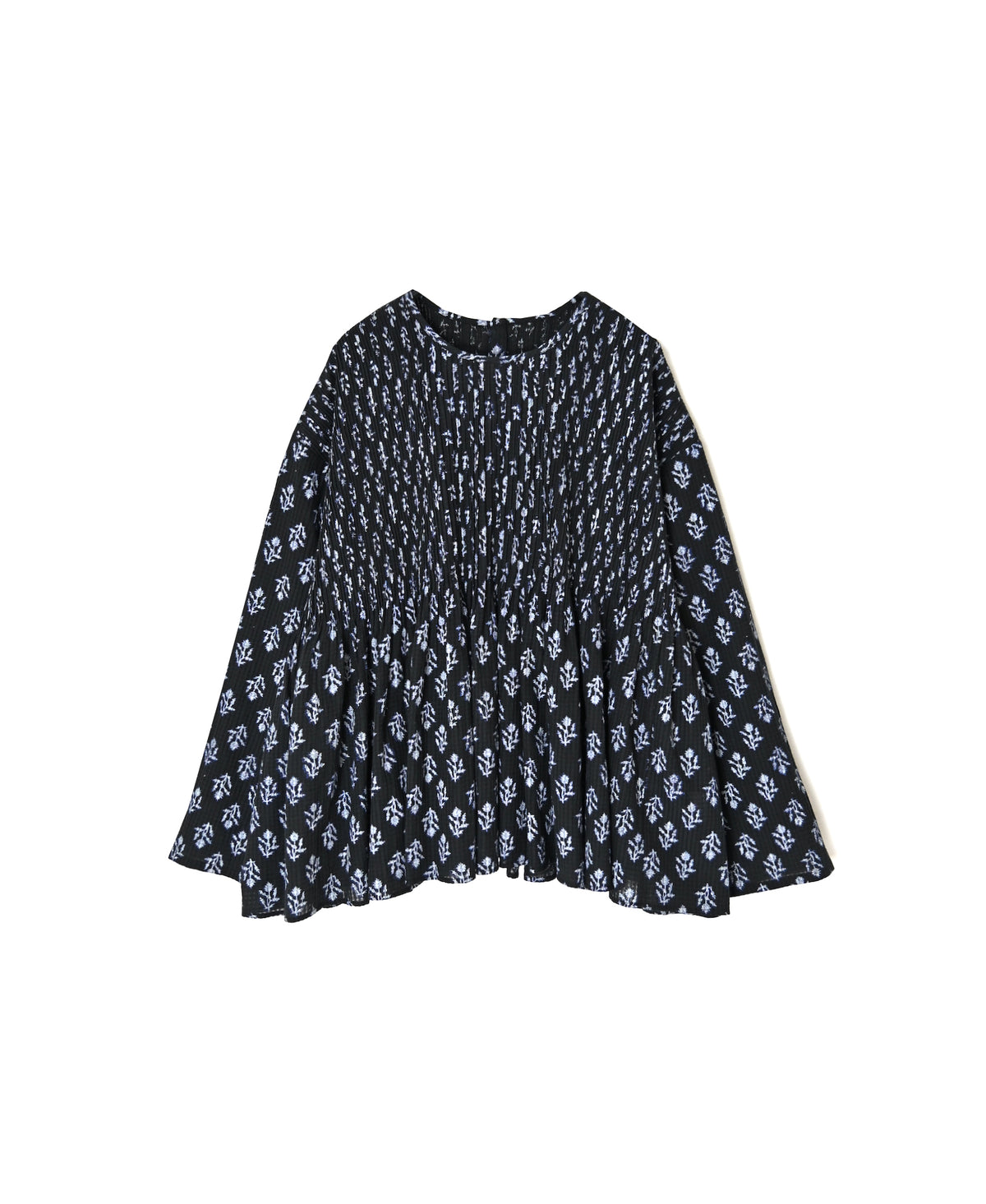 NMDS26612 80s ORGANIC SMALL CHECK MEDIUM FLOWER BLOCK PRINT C/NECK P/O SHIRT WITH PINTUCK