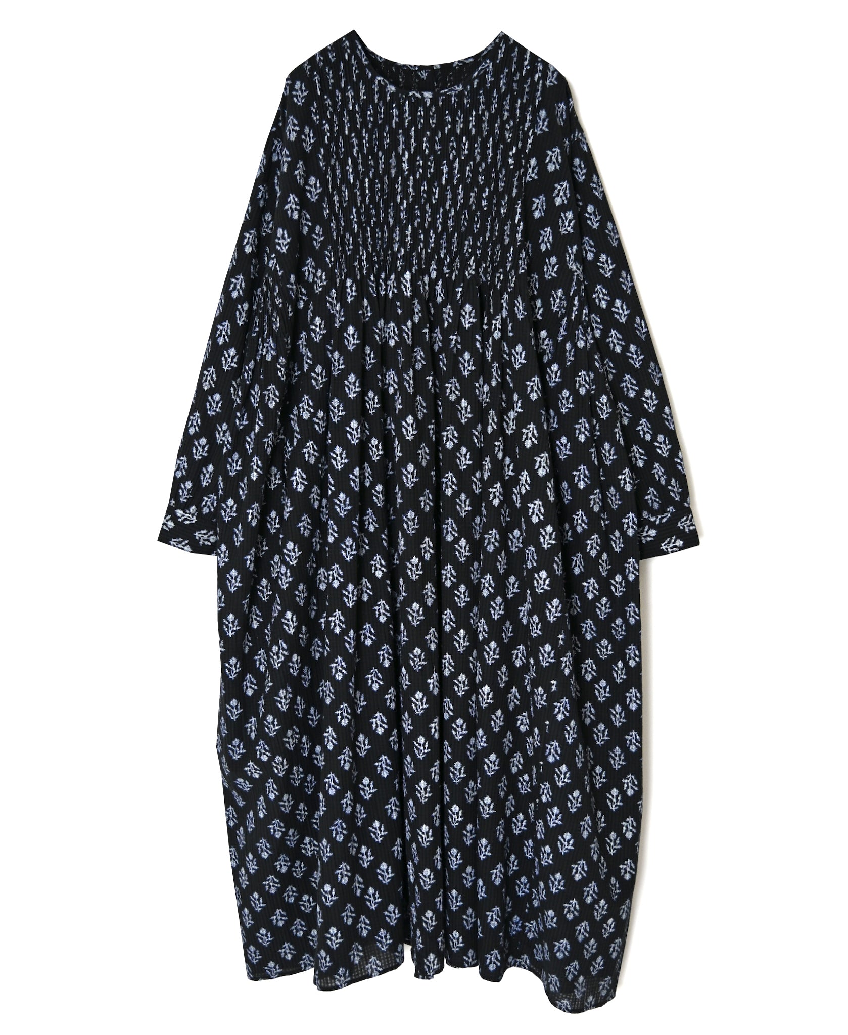 NMDS26613 ORGANIC SMALL CHECK MEDIUM FLOWER BL PRINT CREW-NECK P/O SHIRT DRESS WITH PINTUCK