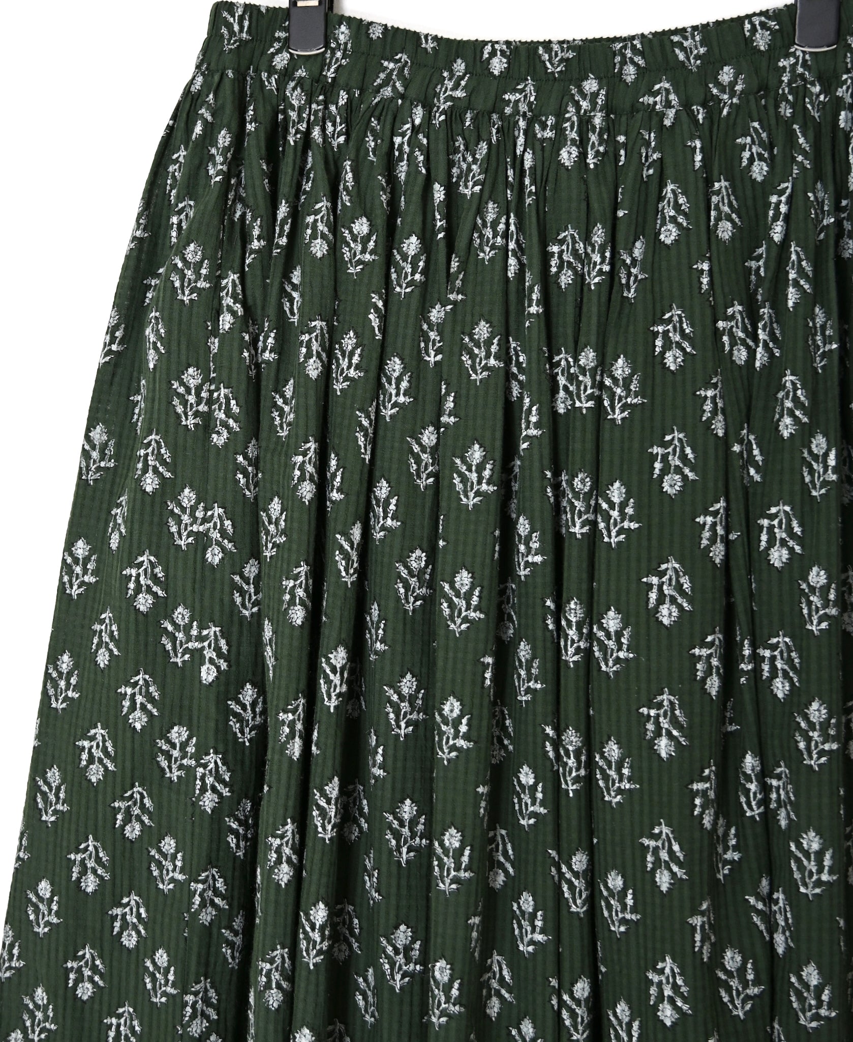 NMDS26615 80s ORGANIC SMALL CHECK MEDIUM FLOWER BLOCK PRINT GATHERED SKIRT WITH LINING