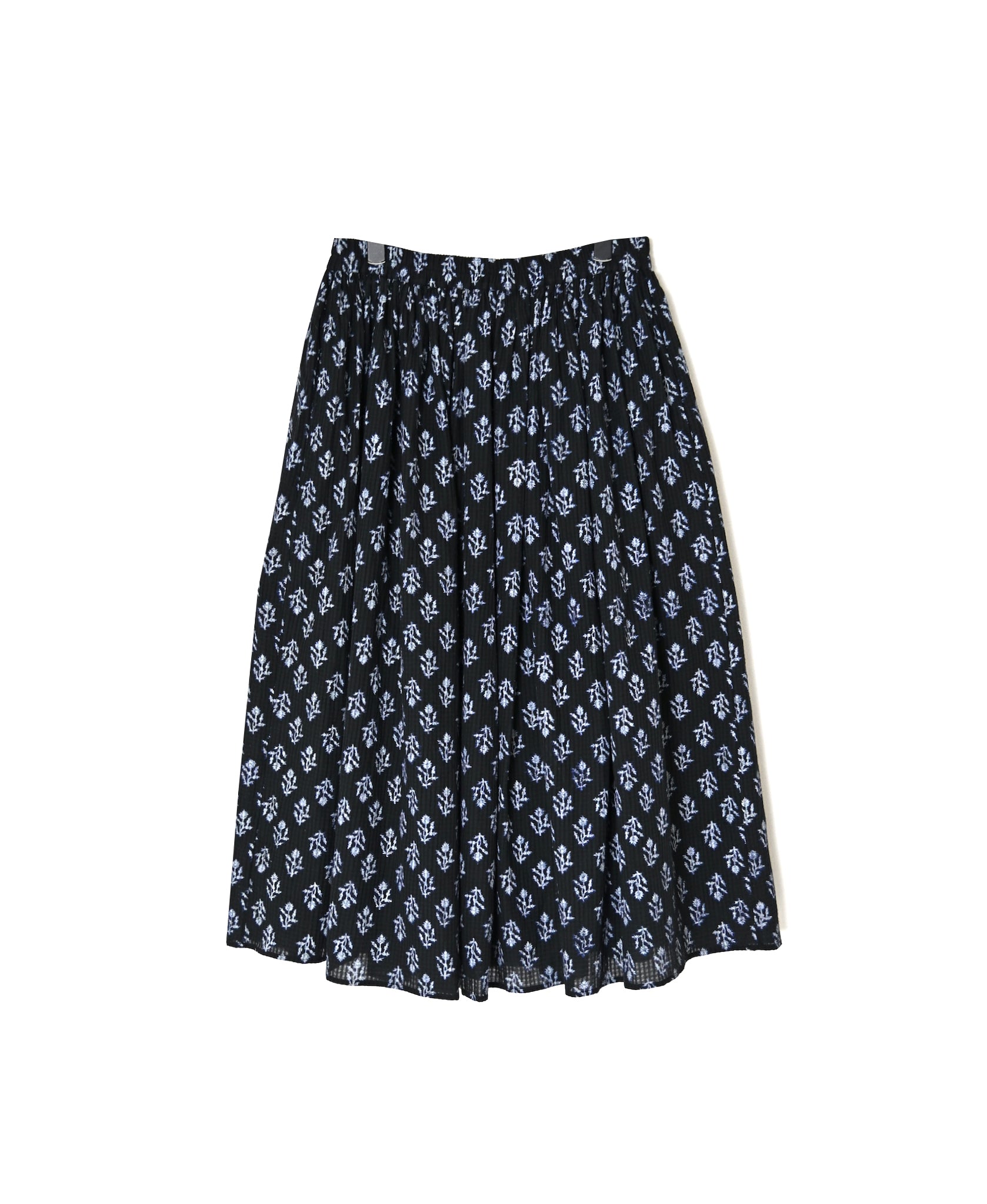 NMDS26615 80s ORGANIC SMALL CHECK MEDIUM FLOWER BLOCK PRINT GATHERED SKIRT WITH LINING