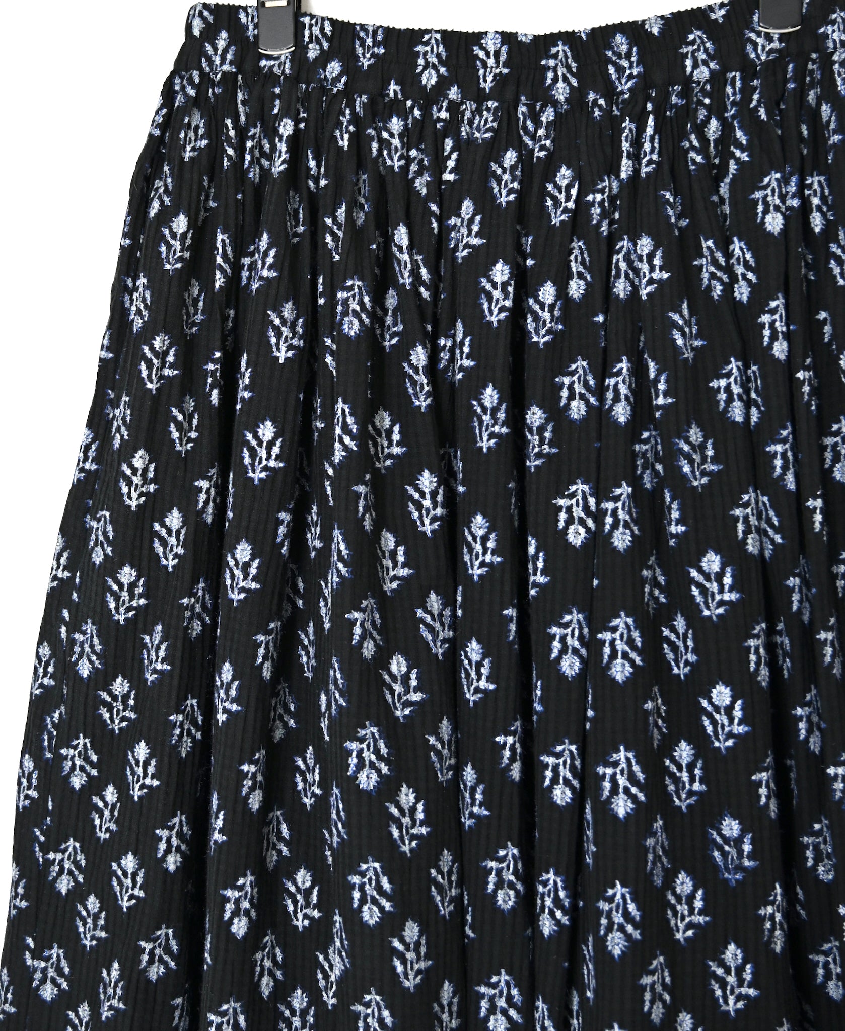 NMDS26615 80s ORGANIC SMALL CHECK MEDIUM FLOWER BLOCK PRINT GATHERED SKIRT WITH LINING