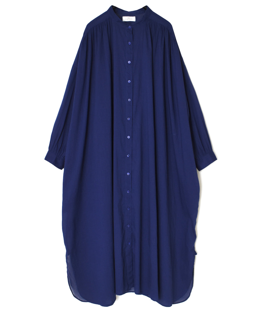 NSL26024 80s COTTON VOILE PLAIN BANDED COLLAR GATHERED SHIRT DRESS