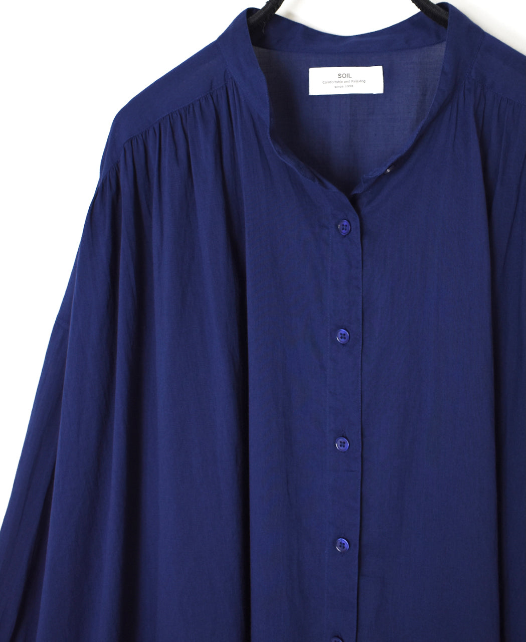 NSL26024 80s COTTON VOILE PLAIN BANDED COLLAR GATHERED SHIRT DRESS