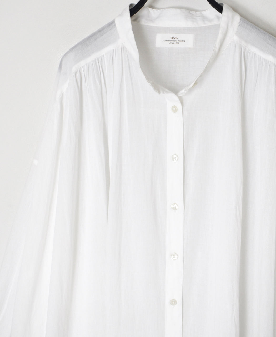 NSL26024 80s COTTON VOILE PLAIN BANDED COLLAR GATHERED SHIRT DRESS