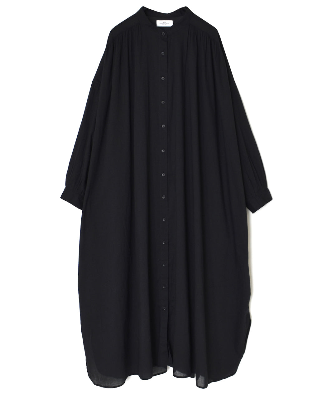 NSL26024 80s COTTON VOILE PLAIN BANDED COLLAR GATHERED SHIRT DRESS