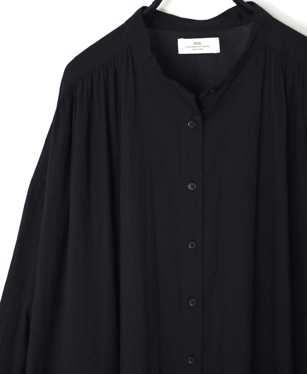 NSL26024 80s COTTON VOILE PLAIN BANDED COLLAR GATHERED SHIRT DRESS