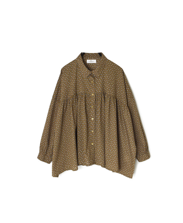 NSL26031 COTTON SLUB SMALL FLOWER PRINT REGULAR COLLAR GATHERED SHIRT SMOCK