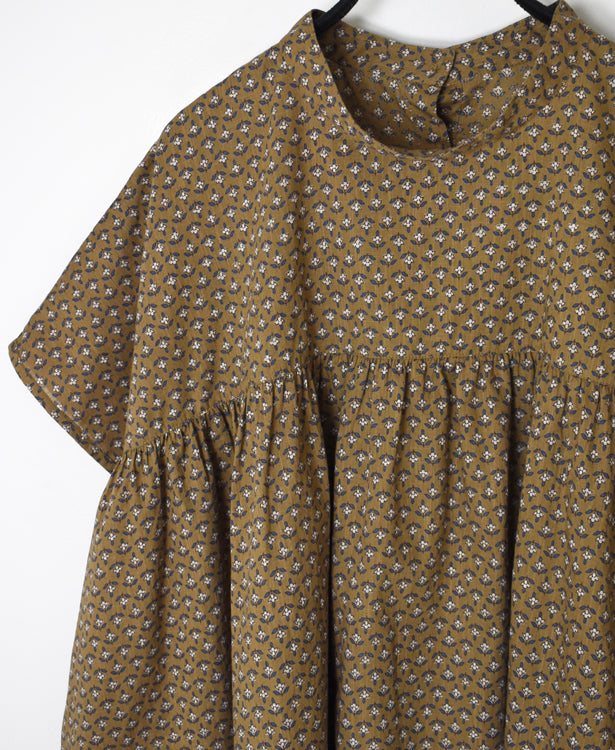 NSL26032 COTTON SLUB SMALL FLOWR PRINT BACK OPENING STAND COLLAR SHIRT