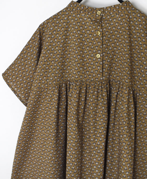 NSL26032 COTTON SLUB SMALL FLOWR PRINT BACK OPENING STAND COLLAR SHIRT