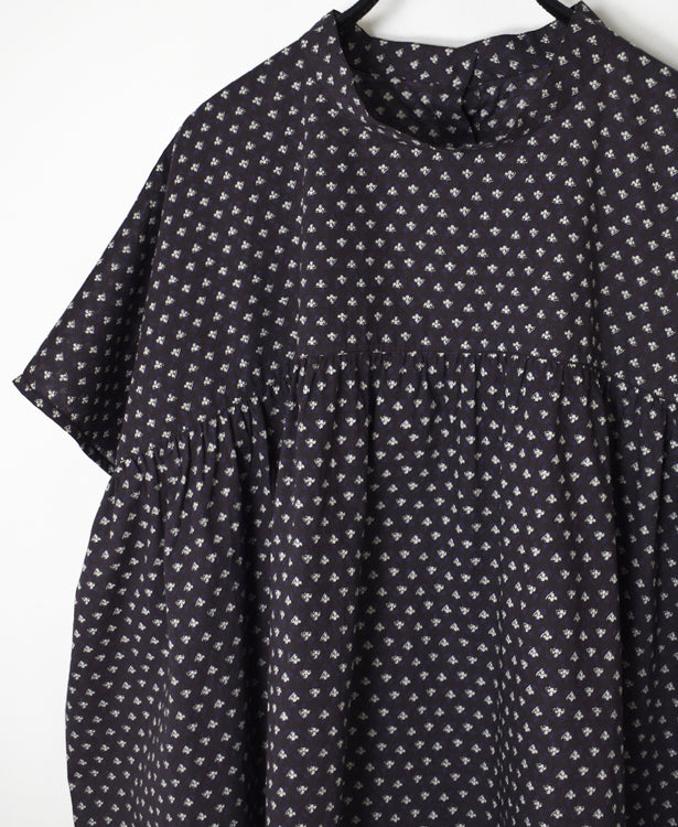 NSL26032 COTTON SLUB SMALL FLOWR PRINT BACK OPENING STAND COLLAR SHIRT