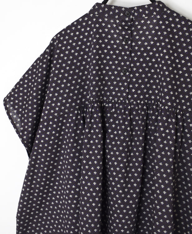 NSL26032 COTTON SLUB SMALL FLOWR PRINT BACK OPENING STAND COLLAR SHIRT