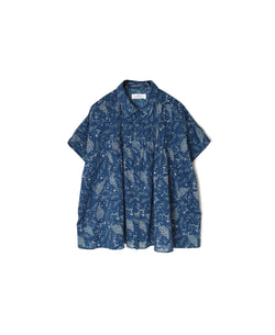 NSL26061 80s VOILE LEAF & FLOWER PRINT REGULAR COLLAR FRENCH/SL PINTUCK SHIRT