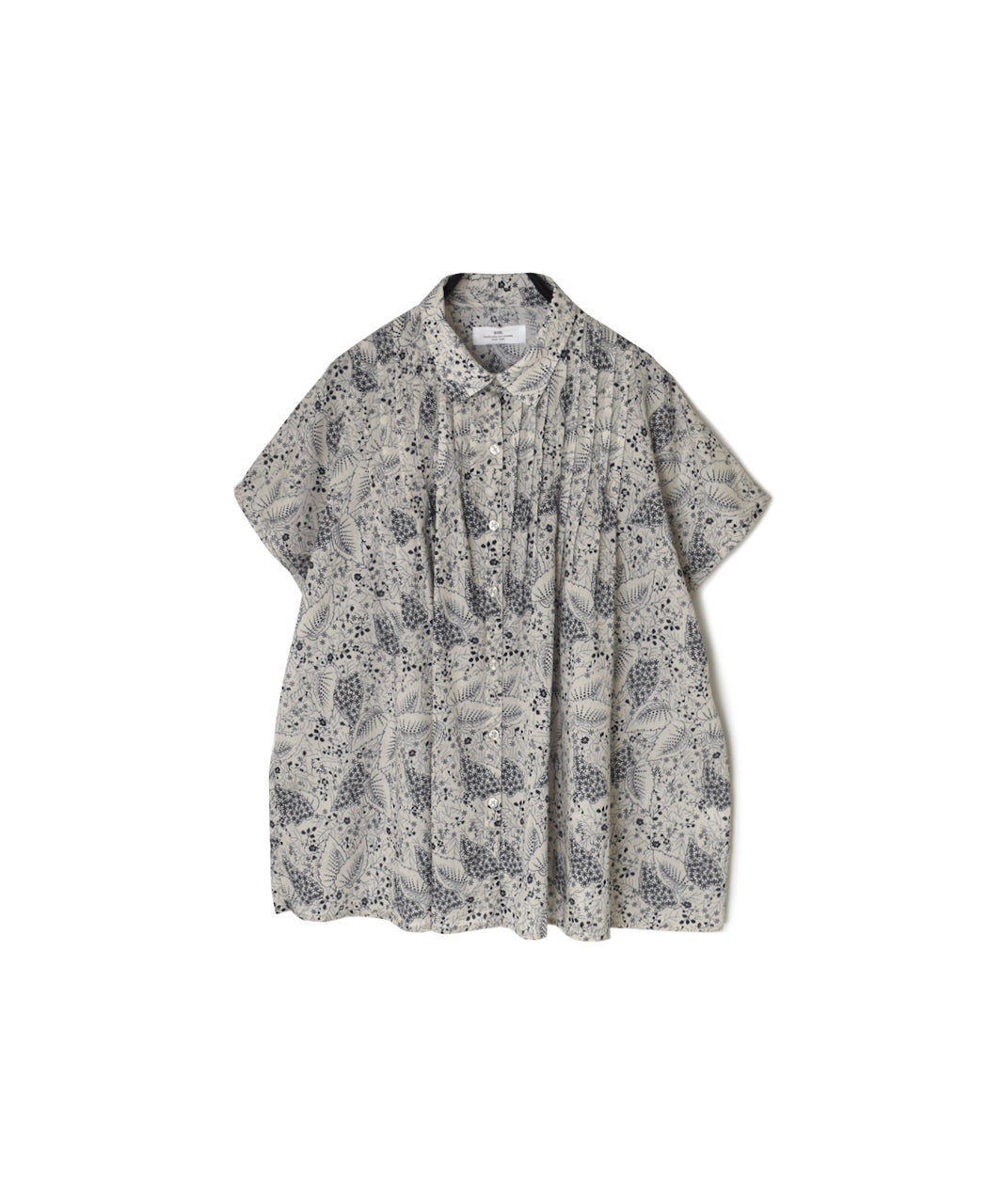 NSL26061 80s VOILE LEAF & FLOWER PRINT REGULAR COLLAR FRENCH/SL PINTUCK SHIRT