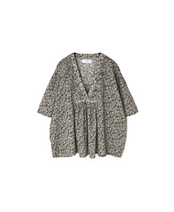 NSL26072 80s VOILE TWO TONE FLOWER PRINT V-NECK PINTUCK S/SL SHIRT