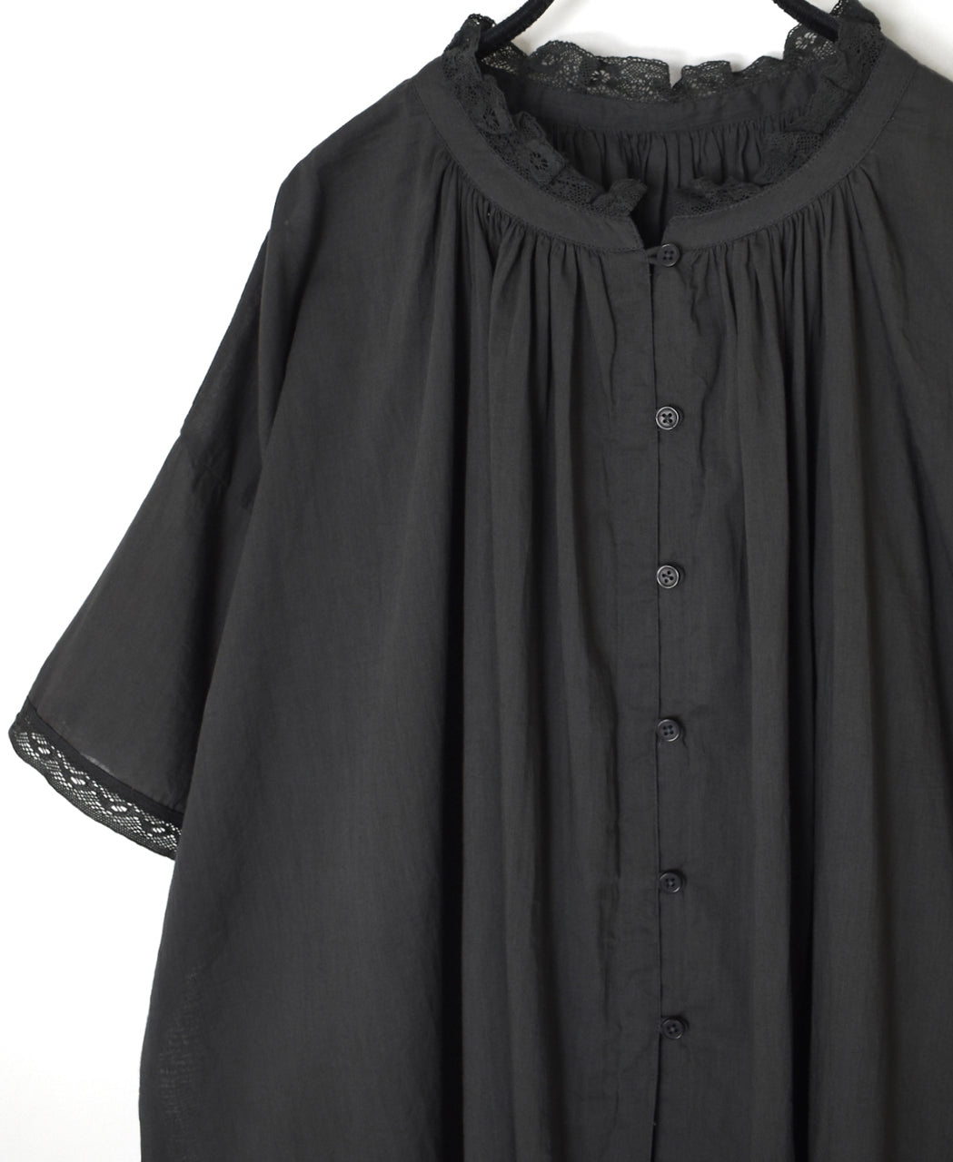NSL26091 80s COTTON VOILE LACE LACE&LOOP BUTTON GATHERED SMOCK